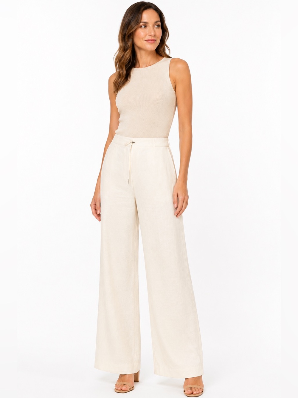 Le Suit Women's Linen Blend Cream Wide Leg  Lined Pants Professional Classic